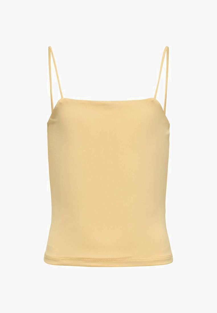 Top sans manches jaune clair avec des fines bretelles, fabriqué en tissu lisse. Présente un design simple et ajusté avec une surface sans embellissement.