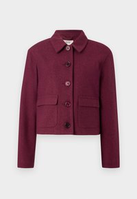 Veste cropped bordeaux en tissu texturé avec un col pointu, cinq boutons et deux poches avant.