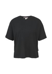 Zwarte oversized t-shirt van textuurstof. Heeft korte mouwen en een ronde hals. Eenvoudig ontwerp zonder noemenswaardige versieringen.