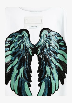 Tela blanca con un gran diseño de alas detalladas elaboradas con lentejuelas negras y azul teal, con una textura suave y acentos brillantes.