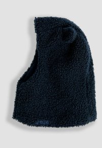 Gorro de forro polar azul marino con un acabado suave y texturizado. Cuenta con orejas redondeadas y un ajuste ceñido, diseñado para proporcionar calor y comodidad.