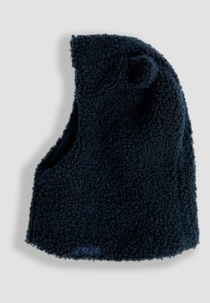 Tamsiai mėlynas fliso šalikas su minkštu, tekstūriniu paviršiumi. Suapvalintų ausų ir prigludusio dizaino, sukurtas šilumai ir komfortui.