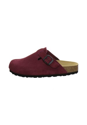 Claret red suede slip-on clog with adjustable buckle strap, cork footbed, and black textured sole, shown from the side on white background.