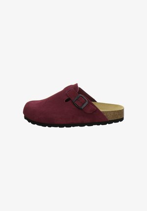 Claret red suede slip-on clog with adjustable buckle strap, cork footbed, and black textured sole, shown from the side on white background.