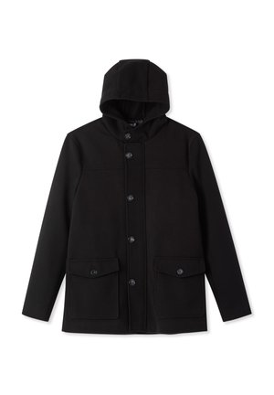 Giacca nera con cappuccio e finitura testurizzata, con chiusura frontale a bottoni e due tasche frontali. Design semplice con accenti hardware minimali.