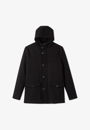 Giacca nera con cappuccio e finitura testurizzata, con chiusura frontale a bottoni e due tasche frontali. Design semplice con accenti hardware minimali.