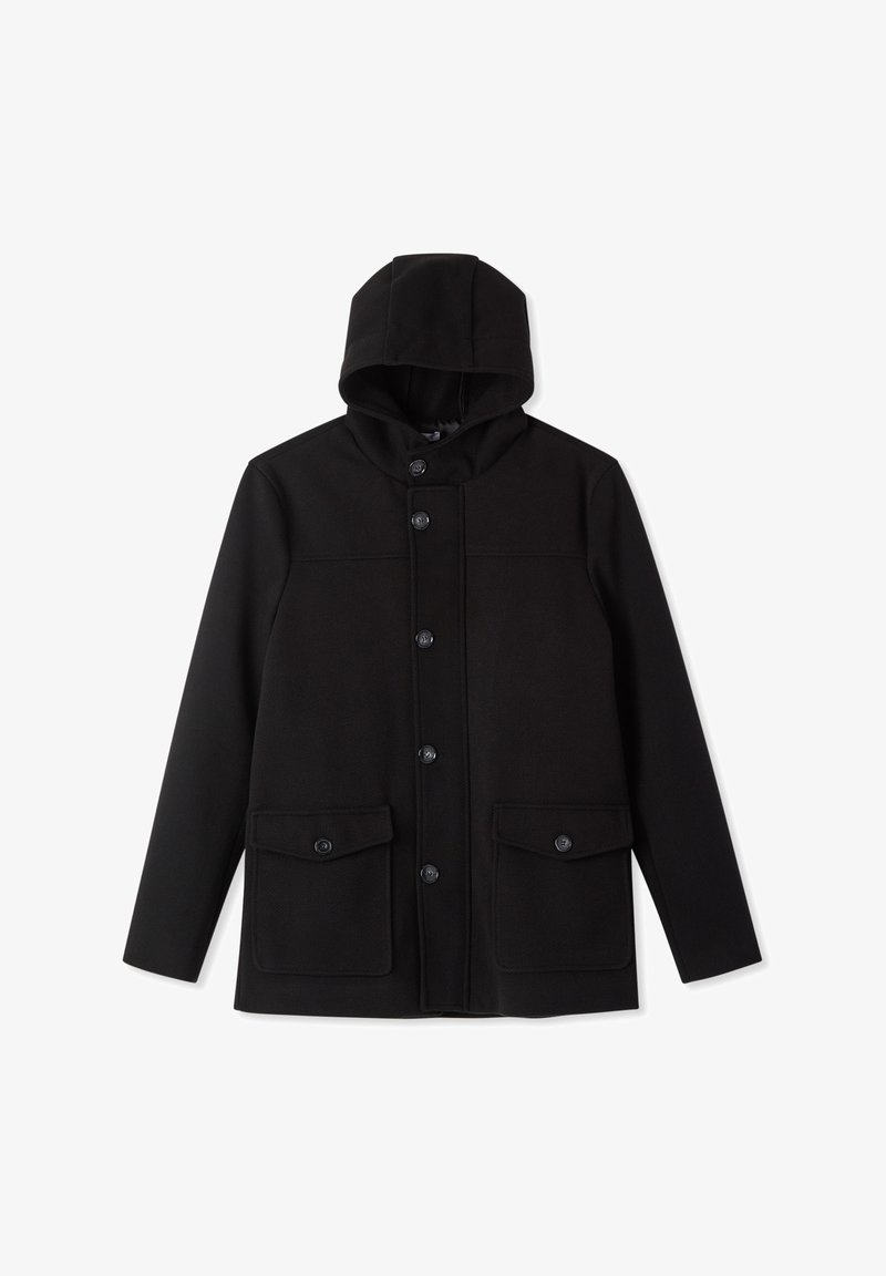 Giacca nera con cappuccio e finitura testurizzata, con chiusura frontale a bottoni e due tasche frontali. Design semplice con accenti hardware minimali.