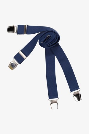 Marineblauwe verstelbare bretels met zilverkleurige metalen clips aan elk uiteinde, opgerold en plat gelegd op een witte achtergrond.