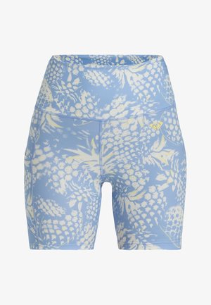 Niebieskie rowerowe spodenki z wysokim stanem, ozdobione kwiatowym wzorem w białym i żółtym kolorze, wykonane z elastycznej, gładkiej tkaniny z bocznymi kieszeniami.