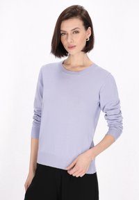 Maglione lilla chiaro con colletto girocollo, polsini e orlo a coste. Tessuto morbido con maniche lunghe, abbinato a pantaloni neri.