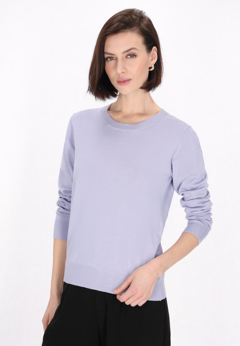 Maglione lilla chiaro con colletto girocollo, polsini e orlo a coste. Tessuto morbido con maniche lunghe, abbinato a pantaloni neri.