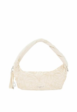 Krémová kabelka s krútenou rúčkou, reliéfnym kvetinovým vzorom, strapcom a strieborným logom značky na prednej strane.