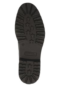 Suola di stivale nera in gomma con un motivo di battistrada profondo che presenta linee e stelle per migliorare la presa. Forma piatta e arrotondata con logo del marchio sul tallone.