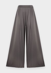 Pantaloni a gamba larga grigio scuro, con una texture liscia e lucida, frontale plissettato e design a vita alta. Taglio rilassato.