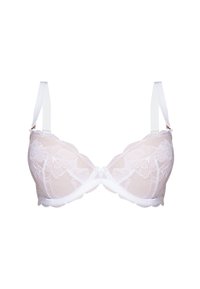 Koronkowy biustonosz w jasnoróżowym kolorze z kwiatowym wzorem. Wyściełane miseczki, falbany na brzegach oraz regulowane białe ramiączka. Detal w kształcie kokardy na środku przodu.