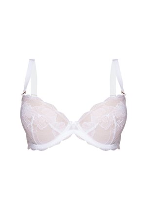 Koronkowy biustonosz w jasnoróżowym kolorze z kwiatowym wzorem. Wyściełane miseczki, falbany na brzegach oraz regulowane białe ramiączka. Detal w kształcie kokardy na środku przodu.