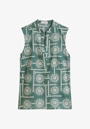 Ärmelloses Oberteil aus tealfarbenem Stoff mit weißen geometrischen und floralen Mustern. Verfügt über einen Stehkragen und eine Knopfleiste.