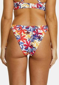Bikini multicolore avec un motif floral, présentant des feuilles rouges, bleues et jaunes sur fond blanc ; bretelles ajustables et fermeture à clip.