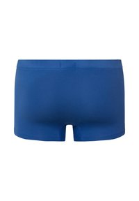 Modré bavlněné boxerky s hladkou texturou, elastickým pasem a krátkými nohavičkami s klasickým střihem. Bez vzorů a zdobení.