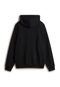 Czarna bluza z kapturem o teksturowanej tkaninie, z prążkowanymi mankietami i pasem. Projekt charakteryzuje się prostym, minimalistycznym stylem.