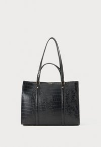 Black crocodile-embossed tote bag with two sturdy handles, gold-tone hardware, and a structured rectangular shape. Features a logo at the top.