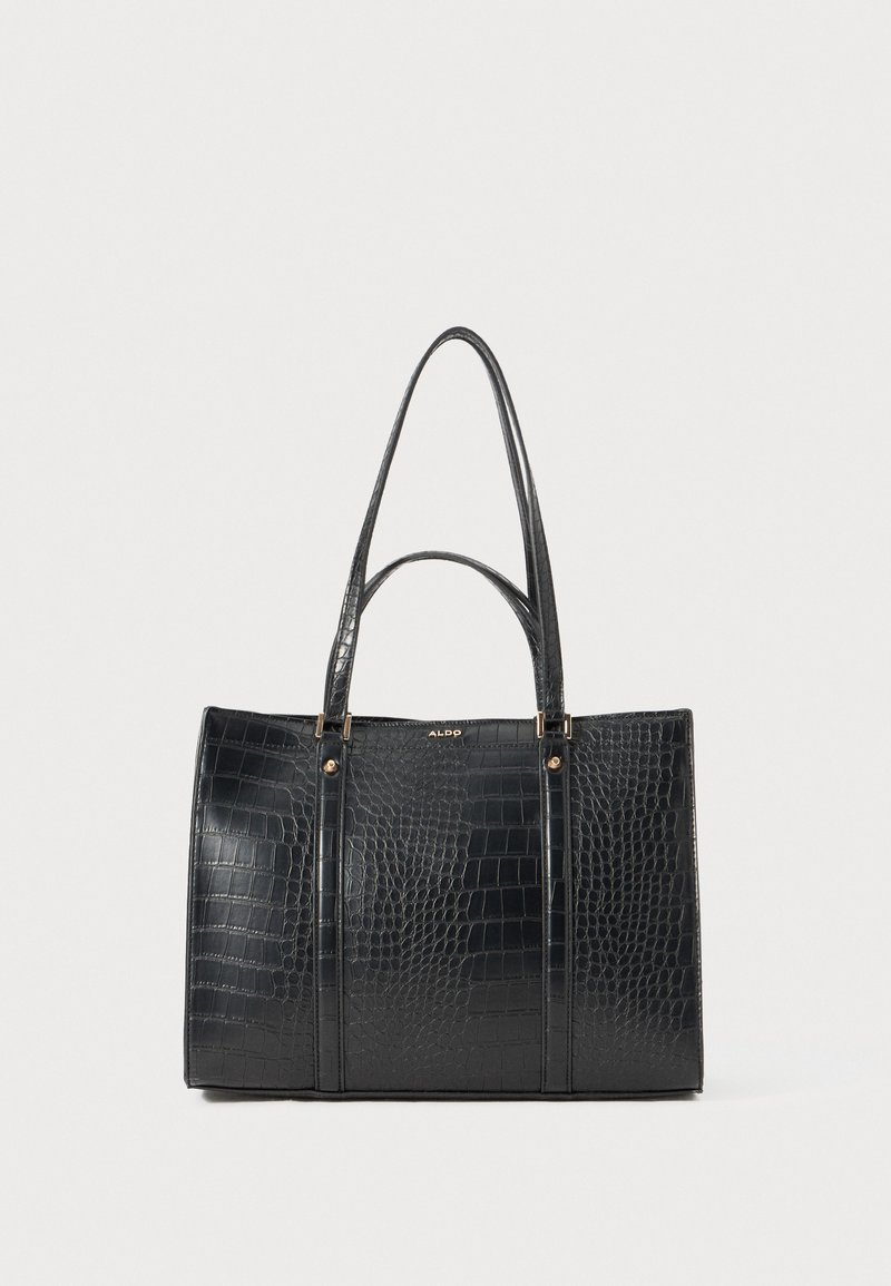 Black crocodile-embossed tote bag with two sturdy handles, gold-tone hardware, and a structured rectangular shape. Features a logo at the top.