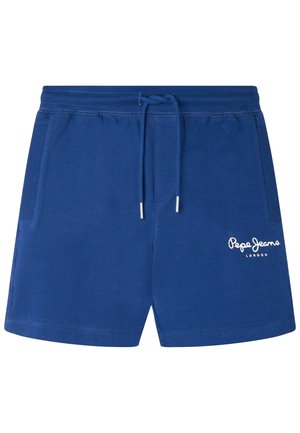 Niebieskie spodenki ze sznurkiem, bocznymi kieszeniami, elastycznym pasem i białym logo "Pepe Jeans London" na dolnej lewej nogawce.