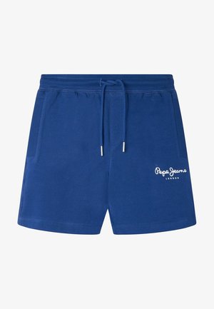 Niebieskie spodenki ze sznurkiem, bocznymi kieszeniami, elastycznym pasem i białym logo "Pepe Jeans London" na dolnej lewej nogawce.