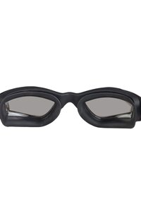 Zwarte zwembril met rubberen frame, getinte lenzen en een brede, gestroomlijnde vorm. Zachte siliconen afdichtingen voor comfort en vermindering van waterinvoer.