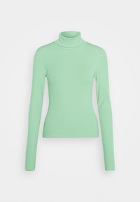 Maglietta a collo alto verde menta realizzata in tessuto elasticizzato, con maniche lunghe e design aderente. Tessuto liscio senza motivi visibili.