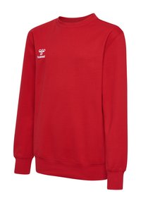 Felpa rossa realizzata in morbido tessuto di cotone. Caratterizzata da un collo a giro, maniche lunghe e un piccolo logo bianco sul petto. Design semplice.