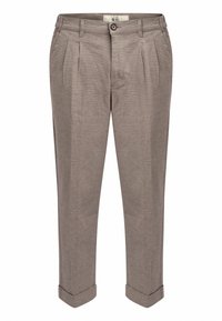 Lichtbruine broek gemaakt van gestructureerde stof, met een relaxte pasvorm, plooien aan de voorkant en opgerolde mouwen. Inclusief een knoopsluiting.