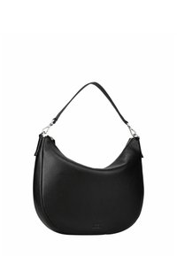 Sac à bandoulière en cuir noir avec une forme courbée, surface texturée, une seule sangle et des accents en métal. Fermeture éclair sur le dessus.