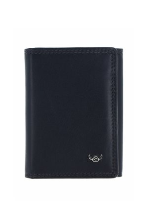 Portefeuille en cuir noir à trois volets avec coutures visibles et petit emblème argenté dans le coin inférieur droit sur fond blanc.