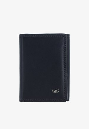 Portefeuille en cuir noir à trois volets avec coutures visibles et petit emblème argenté dans le coin inférieur droit sur fond blanc.