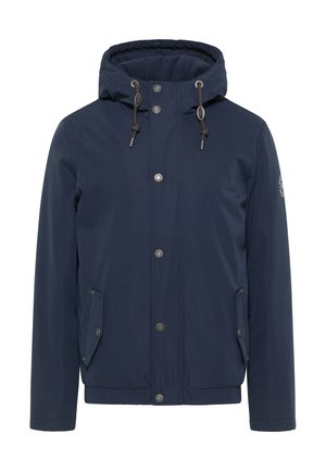 Navy blue jacket with a hood, made from lightweight material. Features silver snap buttons, drawstring accents, and two front pockets.