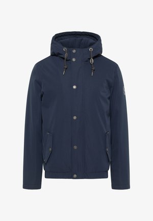 Marineblaue Jacke mit Kapuze, aus leichtem Material gefertigt. Verfügt über silberne Druckknöpfe, Kordelzug-Akzente und zwei Fronttaschen.