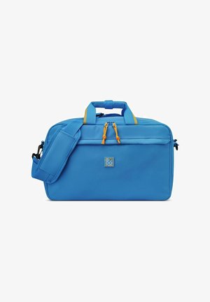 Borsa a duffel in tessuto blu con manici superiori doppi, tracolla regolabile, scomparti con zip e dettagli in giallo a contrasto.