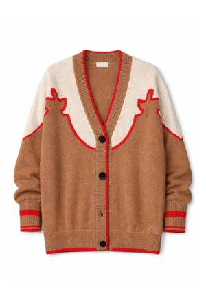 Καφέ και κρεμ ζακέτα με κουμπιά, κόκκινη επένδυση, σχέδιο γιακά με παπλωτή και μαύρα κουμπιά, με ριμπ μανσέτες και τελείωμα.