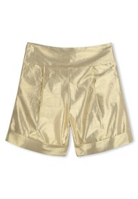 Gouden shorts van glanzende stof, met een geplooid ontwerp en omgeslagen zoom. De tailleband is glad en plat.