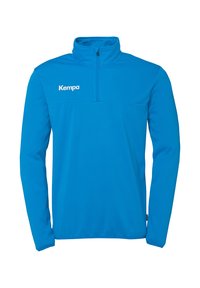 Blauwe zip-up pullover van glad, flexibel materiaal met een hoge kraag en een wit "Kempa" logo op de borst.