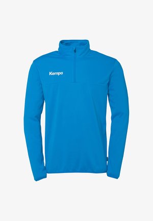 Blå zip-up pullover lavet af glat, fleksibelt materiale med en høj krave og et hvidt "Kempa" logo på brystet.