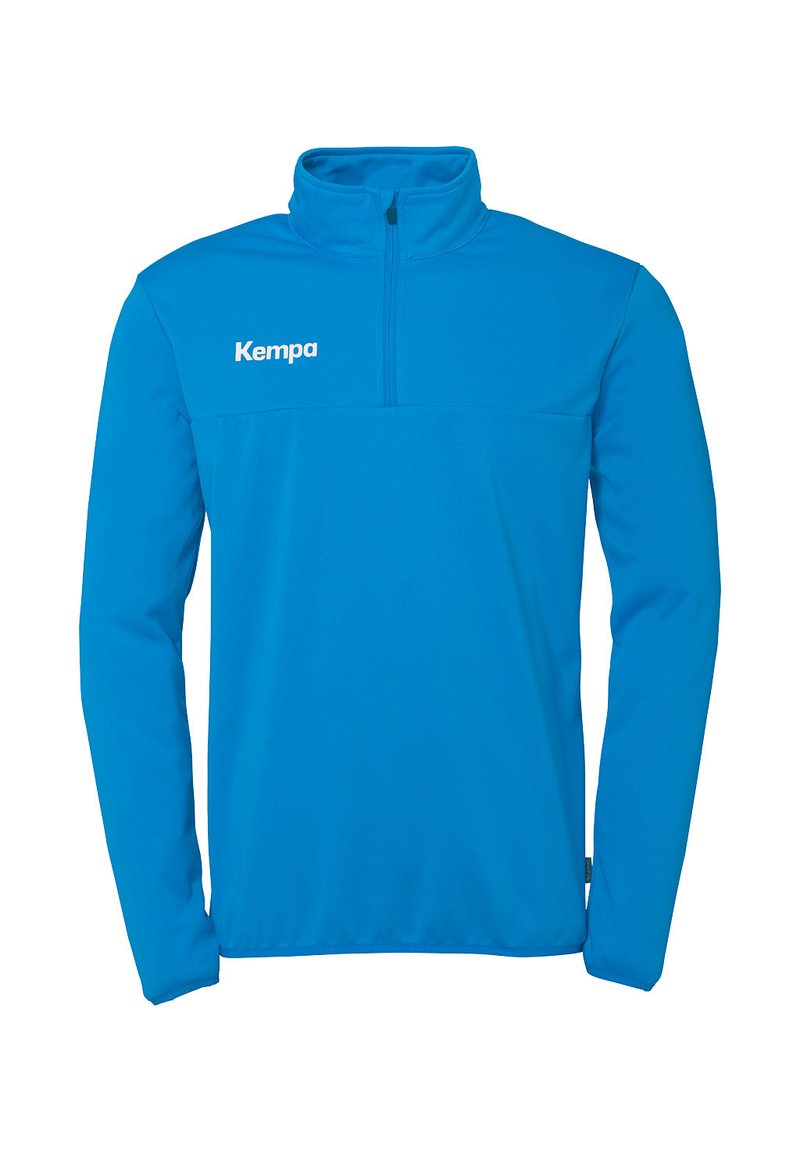 Blauwe zip-up pullover van glad, flexibel materiaal met een hoge kraag en een wit "Kempa" logo op de borst.