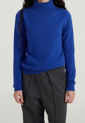 Personne portant un pull à col roulé bleu vif et un pantalon plissé gris foncé sur un fond uni.