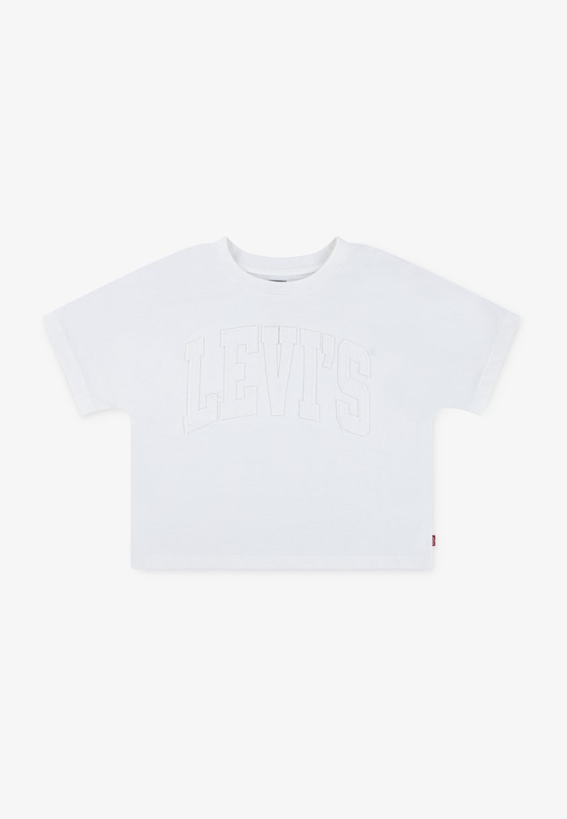 Camiseta blanca de algodón con cuello redondo y mangas cortas. Presenta el logotipo embosado de "LEVI'S" en el pecho. Corte ancho y relajado.