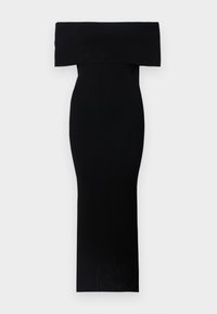 Black off-the-shoulder fitted dress made from stretch fabric. Floor-length design with a smooth texture and minimal detailing.