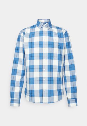 Plava i bijela košulja s dugim rukavima od pamuka, s gumbastim ovratnikom i malim logotipom na prsima.