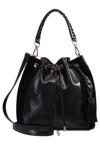 Musta nahka- ja mokkanahkainen olkalaukku, jossa on nyörisuljenta, kultaiset metalliosat ja hapsukoriste. "PEPE JEANS" -kohokuvioitu yksityiskohta.