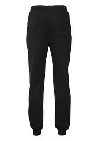 Schwarze Jogginghosen mit elastischem Bund, gerippten Bündchen und einer einzelnen Gesäßtasche. Hergestellt aus weichem, dehnbarem Stoff mit glatter Textur.