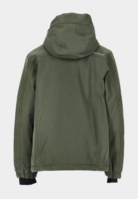 Grön utomhusjacka med huva, elastiska ärmslut och en smal design. Tillverkad av ett slätt, hållbart material. Har en logotyp på övre ryggen.